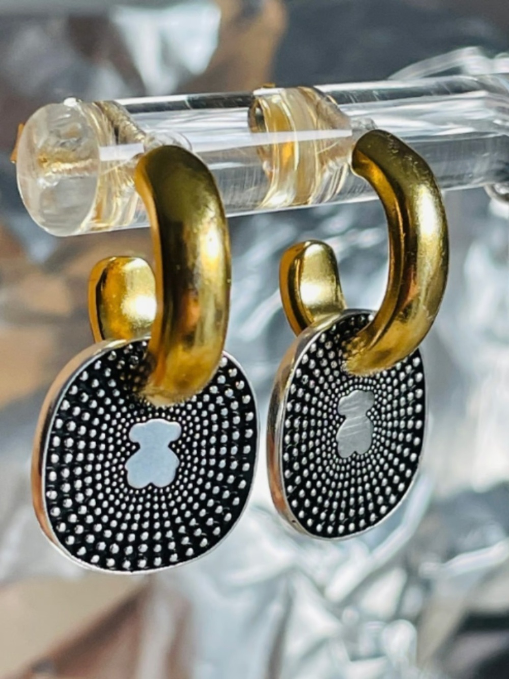 TOUS S925 Gold Overly Silver Bear Mini Hoops Pin Earrings